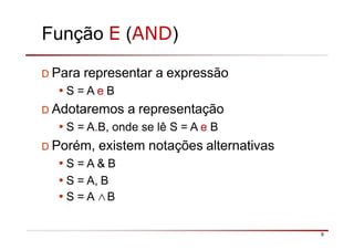 Função E (AND)
9
D Para representar a expressão
•S = A e B
D Adotaremos a representação
•S = A.B, onde se lê S = A e B
D Porém, existem notações alternativas
•S = A & B
•S = A, B
•S = A ∧B
 