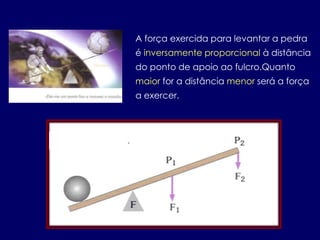 A força exercida para levantar a pedra
é inversamente proporcional à distância
do ponto de apoio ao fulcro.Quanto
maior for a distância menor será a força
a exercer.
 