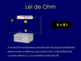 Lei de Ohm
A lei de Ohm estabelece uma relação de proporcionalidade
directa entre a diferença de potencial V, a intensidade de
corrente eléctrica I, e a resistência eléctrica R.
V = R I
V
I R
 