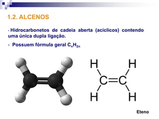 1.2. ALCENOS

- Hidrocarbonetos  de cadeia aberta (acíclicos) contendo
uma única dupla ligação.
- Possuem fórmula geral CnH2n




                                                     Eteno
 