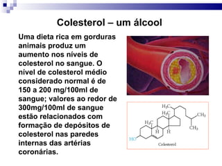 Colesterol – um álcool
Uma dieta rica em gorduras
animais produz um
aumento nos níveis de
colesterol no sangue. O
nível de colesterol médio
considerado normal é de
150 a 200 mg/100ml de
sangue; valores ao redor de
300mg/100ml de sangue
estão relacionados com
formação de depósitos de
colesterol nas paredes
internas das artérias
coronárias.
 