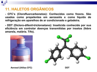 11. HALETOS ORGÂNICOS
- CFC’s (Clorofluorcarbonetos): Conhecidos como freons. São
usados como propelentes em aerossóis e como líquido de
refrigeração em aparelhos de ar condicionado e geladeira.
- DDT (Dicloro-difenil-tricloroetano): Inseticida conhecido por sua
eficiência em controlar doenças transmitidas por insetos (febre
amarela, malária. Tifo).




    Aerosol (Utiliza CFC)                     DDT
 