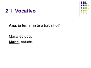 2.1. Vocativo

 Ana, já terminaste o trabalho?

 Maria estuda.
 Maria, estuda.
 