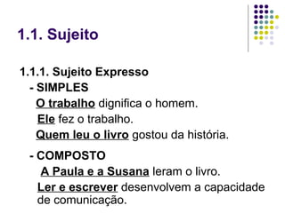 1.1. Sujeito

1.1.1. Sujeito Expresso
  - SIMPLES
    O trabalho dignifica o homem.
    Ele fez o trabalho.
    Quem leu o livro gostou da história.
 - COMPOSTO
   A Paula e a Susana leram o livro.
   Ler e escrever desenvolvem a capacidade
   de comunicação.
 