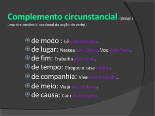 Complemento circunstancial  (designa uma circunstância ocasional da acção do verbo) de modo :  Lê  com atenção . de lugar:  Nasceu  em Lisboa . Vou  para Paris . de fim:  Trabalha  para viver . de tempo:  Chegou a casa  ontem . de companhia:  Vive  com a família . de meio:  Viaja  de comboio . de causa:  Caiu  de fraqueza. 