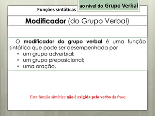 Funções sintáticas

ao nível do Grupo Verbal

Modificador (do Grupo Verbal)
O modificador do grupo verbal é uma função
sintática que pode ser desempenhada por
• um grupo adverbial;
• um grupo preposicional;
• uma oração.

Esta função sintática não é exigida pelo verbo da frase.

 