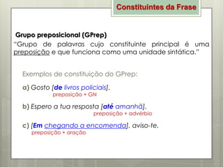 Constituintes da Frase

Grupo preposicional (GPrep)
“Grupo de palavras cujo constituinte principal é uma
preposição e que funciona como uma unidade sintática.”
Exemplos de constituição do GPrep:
a) Gosto [de livros policiais].
preposição + GN

b) Espero a tua resposta [até amanhã].

preposição + advérbio

c) [Em chegando a encomenda], aviso-te.
preposição + oração

 