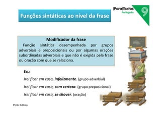 Porto Editora
Modificador da frase
Função sintática desempenhada por grupos
adverbiais e preposicionais ou por algumas orações
subordinadas adverbiais e que não é exigida pela frase
ou oração com que se relaciona.
Ex.:
Irei ficar em casa, infelizmente. (grupo adverbial)
Irei ficar em casa, com certeza. (grupo preposicional)
Irei ficar em casa, se chover. (oração)
Funções sintáticas ao nível da frase
 
