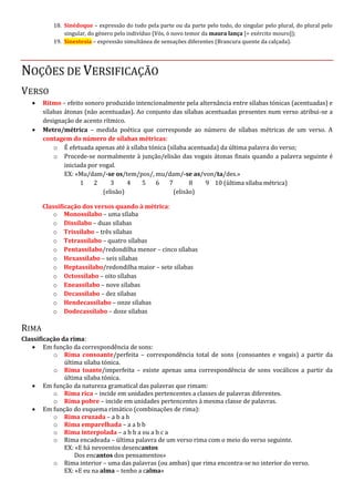 18. Sinédoque – expressão do todo pela parte ou da parte pelo todo, do singular pelo plural, do plural pelo
singular, do género pelo indivíduo (Vós, ó novo temor da maura lança [= exército mouro]);
19. Sinestesia – expressão simultânea de sensações diferentes (Brancura quente da calçada).
NOÇÕES DE VERSIFICAÇÃO
VERSO
 Ritmo – efeito sonoro produzido intencionalmente pela alternância entre sílabas tónicas (acentuadas) e
sílabas átonas (não acentuadas). Ao conjunto das sílabas acentuadas presentes num verso atribui-se a
designação de acento rítmico.
 Metro/métrica – medida poética que corresponde ao número de sílabas métricas de um verso. A
contagem do número de sílabas métricas:
o É efetuada apenas até à sílaba tónica (sílaba acentuada) da última palavra do verso;
o Procede-se normalmente à junção/elisão das vogais átonas finais quando a palavra seguinte é
iniciada por vogal.
EX: «Mu/dam/-se os/tem/pos/, mu/dam/-se as/von/ta/des.»
1 2 3 4 5 6 7 8 9 10 (ùltima sílaba métrica)
(elisão) (elisão)
Classificação dos versos quando à métrica:
o Monossílabo – uma sílaba
o Dissílabo – duas sílabas
o Trissílabo – três sílabas
o Tetrassílabo – quatro sílabas
o Pentassílabo/redondilha menor – cinco sílabas
o Hexassílabo – seis sílabas
o Heptassílabo/redondilha maior – sete sílabas
o Octossílabo – oito sílabas
o Eneassílabo – nove sílabas
o Decassílabo – dez sílabas
o Hendecassílabo – onze sílabas
o Dodecassílabo – doze sílabas
RIMA
Classificação da rima:
 Em função da correspondência de sons:
o Rima consoante/perfeita – correspondência total de sons (consoantes e vogais) a partir da
última sílaba tónica.
o Rima toante/imperfeita – existe apenas uma correspondência de sons vocálicos a partir da
última sílaba tónica.
 Em função da natureza gramatical das palavras que rimam:
o Rima rica – incide em unidades pertencentes a classes de palavras diferentes.
o Rima pobre – incide em unidades pertencentes à mesma classe de palavras.
 Em função do esquema rimático (combinações de rima):
o Rima cruzada – a b a b
o Rima emparelhada – a a b b
o Rima interpolada – a b b a ou a b c a
o Rima encadeada – última palavra de um verso rima com o meio do verso seguinte.
EX: «E há nevoentos desencantos
Dos encantos dos pensamentos»
o Rima interior – uma das palavras (ou ambas) que rima encontra-se no interior do verso.
EX: «E eu na alma – tenho a calma»
 
