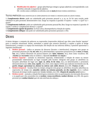 d. Modificador do adjetivo – grupo adverbial que integra o grupo adjetival, correspondendo a um
advérbio colocado à esquerda do adjetivo.
EX: «verão como o elefante se enfrenta com os mais furiosos ventos contrários.»
TESTES PRÁTICOS PARA IDENTIFICAR OS COMPLEMENTOS DO VERBO E O MODIFICADOR DO GRUPO VERBAL
1. Complemento direto: pode ser substituído pelo pronome pessoal o, a, os, as. Se for uma oração, pode
substituir-se pelo pronome demonstrativo isso. Surge na resposta à questão: O sujeito + verbo + o quê? ou +
quem?
2. Complemento indireto: pode ser substituído pelo pronome pessoal lhe, lhes. Surge na resposta à questão: O
sujeito + verbo (+ complemento direto) + a quem?
3. Complemento agente da passiva: na frase ativa, desempenharia a função de sujeito.
4. Complemento oblíquo: não pode ser substituído pelos pronomes pessoais o e lhe.
DEIXIS
A deixis designa o conjunto de palavras ou expressões (expressões deíticas) que têm como função ‘apontar’
para o contexto situacional. Assim, assinalam o sujeito que enuncia (locutor), o sujeito a quem se dirige
(interlocutor), o tempo e o espaço da enunciação. Em função da sua natureza deítica, é possível apresentar a
seguinte classificação:
1. Deítico pessoal – indica as pessoas do discurso (locutor e interlocutor); integram este grupo os
pronomes pessoais (ex: tu, me, nós, etc.), determinantes e pronomes possessivos (ex: o meu, o vosso,
teu, etc.), sufixos flexionais de pessoa-número (ex: falas, falamos, etc.), bem como vocativos. EX:
«Aceita que eu exista como os sonhos.»; «Quando eu disser não ouças.»
2. Deítico espacial – assinala os elementos espaciais, evidenciando a relação de maior ou menor
proximidade relativamente ao lugar ocupado pelo locutor; integram este grupo os advérbios ou
locuções adverbiais de lugar (ex: aqui, cá, além, lá de cima, etc.), os determinantes e pronomes
demonstrativos (ex: este, essa, aquilo, etc.), bem como alguns verbos que indicam movimento (ex: ir,
partir, chegar, aproximar-se, afastar-se, entrar, sair, subir, descer, etc.). EX: «Vamos até ali.»
3. Deítico temporal – localiza fatos no tempo; integram este grupo os advérbios, locuções adverbias ou
expressões de tempo (ex: amanhã, ontem, na semana passada, no dia seguinte, etc.) e sufixos
flexionais de tempo-modo-aspeto (ex: falarei, faláveis, etc.). EX: «Depois de amanha serei outro.»
4. Deítico social – assinala a relação hierárquica existente entre os participantes da interação discursiva
e os papéis por eles assumidos (ex: o senhor, vossa excelência, senhor diretor, etc.) EX: «Eu quero
prevenir já o senhor doutor que ele não está bom da cabeça.»
 