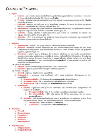 CLASSES DE PALAVRAS
1. Nome:
a. Comum – não se aplica a uma entidade única, podendo designar objetos, seres, fatos e conceitos
de forma não individualizada. EX: «Quero aquele pão.»
b. Próprio – designa uma única entidade num determinado contexto comunicativo. EX: «Basílio
tomou-lhe as mãos.»
c. Contável – designa entidades ou seres singulares, passíveis de serem divididos em partes
distintas e enumerados. EX: caderno, cadeira, lápis, etc.
d. Não-contável – designa algo que é concebido como um todo contínuo, não podendo ser dividido
em partes singulares nem contado. Ex: farinha, açúcar, água, etc.
e. Concreto – designa objetos ou entidades físicas que podem ser localizadas no tempo e no
espaço. EX: janela, porta, árvore, gato, etc.
f. Abstrato – refere-se a entidades não tangíveis, imateriais, como sentimentos ou conceitos. EX:
felicidade, beleza, perigo, medo, verdade, etc.
2. Adjetivo:
a. Qualificativo – modifica um grupo nominal, atribuindo-lhe uma qualidade.
b. Numeral – modifica o nome, atribuindo-lhe uma determinada ordem dentro de uma série.
Corresponde a uma palavra tradicionalmente classificada como numeral ordinal. EX: primeiro,
segundo, vigésimo lugar, etc.
c. Relacional – palavra que se distingue dos restantes adjetivos por apresentar características
próprias: completa, geralmente, o sentido do nome, atribuindo-lhe informações de natureza
classificatória, deriva de nomes [comércio → comercial], não admite variação em grau [uma
manifestação operária →/ uma manifestação muito operária], ocorre sempre em posição pós-
nominal e não tem antónimo.
2.1. Variação em género:
d. Biforme – possui uma forma para o feminino e para o masculino.
e. Uniforme – possui apenas uma forma para ambos os géneros.
2.2. Variação em grau:
f. Normal – expressa simplesmente a qualidade.
g. Comparativo – compara uma qualidade entre duas entidades, distinguindo-se três
modalidades:
I. De superioridade – EX: «Londres é mais cosmopolita do que Lisboa.»
II. De inferioridade – EX: «Lisboa é menos agitada do que Londres.»
III. De igualdade – EX: «Londres é tão movimentada como Paris.»
h. Superlativo:
I. Relativo – apresenta uma qualidade atribuída a uma entidade que é comparada a um
conjunto de entidades.
i. De superioridade – EX: «O Everest é a mais alta montanha do mundo.»
ii. De inferioridade – EX: «Os países da África subsariana são os menos
desenvolvidos.»
II. Absoluto – indica uma qualidade que supera a noção que normalmente se tem dessa
mesma qualidade, não se relacionando com nenhum conjunto de entidades.
i. Sintético – EX: «Este problema é facílimo.»
ii. Analítico – EX: «Aquele ator é bastante célebre.»
3. Pronome:
a. Pessoal –
b. Demonstrativo –
c. Possessivo –
d. Indefinido –
e. Relativo –
f. Interrogativo –
4. Determinante:
a. Artigo definido –
b. Artigo indefinido –
 