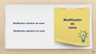 22
Modificador
do
nome
Modificador restritivo do nome
Modificador apositivo do nome
 