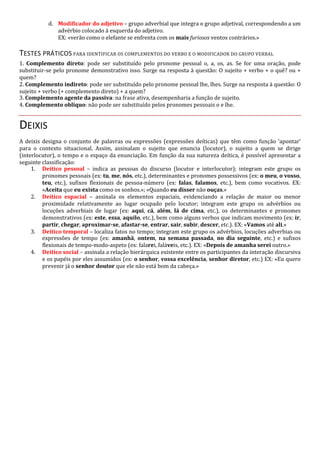 d. Modificador do adjetivo – grupo adverbial que integra o grupo adjetival, correspondendo a um
advérbio colocado à esquerda do adjetivo.
EX: «verão como o elefante se enfrenta com os mais furiosos ventos contrários.»
TESTES PRÁTICOS PARA IDENTIFICAR OS COMPLEMENTOS DO VERBO E O MODIFICADOR DO GRUPO VERBAL
1. Complemento direto: pode ser substituído pelo pronome pessoal o, a, os, as. Se for uma oração, pode
substituir-se pelo pronome demonstrativo isso. Surge na resposta à questão: O sujeito + verbo + o quê? ou +
quem?
2. Complemento indireto: pode ser substituído pelo pronome pessoal lhe, lhes. Surge na resposta à questão: O
sujeito + verbo (+ complemento direto) + a quem?
3. Complemento agente da passiva: na frase ativa, desempenharia a função de sujeito.
4. Complemento oblíquo: não pode ser substituído pelos pronomes pessoais o e lhe.
DEIXIS
A deixis designa o conjunto de palavras ou expressões (expressões deíticas) que têm como função ‘apontar’
para o contexto situacional. Assim, assinalam o sujeito que enuncia (locutor), o sujeito a quem se dirige
(interlocutor), o tempo e o espaço da enunciação. Em função da sua natureza deítica, é possível apresentar a
seguinte classificação:
1. Deítico pessoal – indica as pessoas do discurso (locutor e interlocutor); integram este grupo os
pronomes pessoais (ex: tu, me, nós, etc.), determinantes e pronomes possessivos (ex: o meu, o vosso,
teu, etc.), sufixos flexionais de pessoa-número (ex: falas, falamos, etc.), bem como vocativos. EX:
«Aceita que eu exista como os sonhos.»; «Quando eu disser não ouças.»
2. Deítico espacial – assinala os elementos espaciais, evidenciando a relação de maior ou menor
proximidade relativamente ao lugar ocupado pelo locutor; integram este grupo os advérbios ou
locuções adverbiais de lugar (ex: aqui, cá, além, lá de cima, etc.), os determinantes e pronomes
demonstrativos (ex: este, essa, aquilo, etc.), bem como alguns verbos que indicam movimento (ex: ir,
partir, chegar, aproximar-se, afastar-se, entrar, sair, subir, descer, etc.). EX: «Vamos até ali.»
3. Deítico temporal – localiza fatos no tempo; integram este grupo os advérbios, locuções adverbias ou
expressões de tempo (ex: amanhã, ontem, na semana passada, no dia seguinte, etc.) e sufixos
flexionais de tempo-modo-aspeto (ex: falarei, faláveis, etc.). EX: «Depois de amanha serei outro.»
4. Deítico social – assinala a relação hierárquica existente entre os participantes da interação discursiva
e os papéis por eles assumidos (ex: o senhor, vossa excelência, senhor diretor, etc.) EX: «Eu quero
prevenir já o senhor doutor que ele não está bom da cabeça.»
 