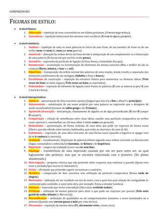 COMPREENSÃO
FIGURAS DE ESTILO:
• A nível fónico:
1. Aliteração – repetição de sons consonânticos em sílabas próximas. (O vento vago voltou);
2. Assonância – repetição intencional dos mesmos sons vocálicos (À tona de águas paradas);
• A nível sintático:
1. Anáfora – repetição de uma ou mais palavras no início de uma frase, de um membro de frase ou de um
verbo (nem rei nem lei, nem paz nem guerra);
2. Anástrofe – alteração da ordem direta da frase devido à anteposição de um complemento ou à deslocação
de uma palavra (Às horas em que um frio vento passa);
3. Assíndeto – supressão da partícula de ligação (Grécia, Roma, cristandade, Europa);
4. Enumeração – acumulação ou inventariação de elementos da mesma natureza (Mas o melhor do são as
crianças/flores, música, o luar e o sol);
5. Hipérbato – transposição da ordem normal das palavras de uma oração, donde resulta a separação dos
elementos constituintes de um sintagma (Súbdita a frase o busca);
6. Paralelismo de construção – repetição da estrutura frásica para memorizar ou destacar ideias (Três
vezes do leme as mãos ergueu,/Três vezes ao leme as reprendeu);
7. Polissíndeto – repetição do elemento de ligação entre frases ou palavras (E com as mãos e os pés/ E com
o nariz e a boca).
• A nível interpretativo:
1. Antítese – apresentação de dois conceitos opostos (Julguei que isto era o fim e afinal é o princípio);
2. Antonomásia – substituição de um nome próprio por uma palavra ou expressão que o designem de
modo inconfundível (Cessem do sábio grego e do Troiano);
3. Apóstrofe/invocação – interpelação, chamamento de alguém ou de algo personificado (Ó céu! Ó campo!
Ó canção!);
4. Comparação – relação de semelhança entre duas ideias usando uma partícula comparativa ou verbos
como «parecer», «assemelhar-se» (O meu olhar é nítido como um girassol);
5. Disfemismo – apresentação, de forma violenta, de uma ideia que pode ser expressa de forma suave
(Cheiro que não ofende estes narizes, habituados, que estão ao churrasco do auto de fé);
6. Eufemismo – expressão, de uma ideia chocante, de uma forma suave (quando a fogueira se apagar tens
de te ir embora [= morrer]);
7. Gradação – encadeamento, disposição de palavras/ideias segundo uma ordem crescente ou decrescente
(Sagaz consumidora conhecida/de fazendas, de Reinos e de Impérios);
8. Hipérbole – exagero da realidade (corre um rio sem fim);
9. Hipálage – transferência de uma impressão causada por um ser para outro ser, ao qual
logicamente não pertence, mas que se encontra relacionado com o primeiro. (No plaino
abandonado.)
10. Interrogação – pergunta retórica que não pretende obter resposta, mas enfatizar a questão (Quem vem
viver a verdade/Que morrer D. Sebastião?);
11. Ironia – afirmação que pretende sugerir ou insinuar o contrário;
12. Metáfora – comparação de dois conceitos sem utilização da partícula comparativa (Numa onda de
alegria);
13. Metonímia – utilização de um vocábulo em vez de outro, com o qual tem uma relação de contiguidade (o
continente pelo conteúdo; o autor pela obra, por exemplo: Estou a estudar Camões);
14. Oximoro – expressão que inclui contradição (São coisas vestindo nadas);
15. Perífrase – utilização de muitas palavras para dizer o que pode ser expresso por poucas (Pelo neto
gentil do velho Atlante [= Mercúrio]);
16. Personificação – atribuição de qualidades ou de comportamentos humanos a seres inanimados ou a
animais (Quando uma nuvem passa a mão por cima da luz);
17. Pleonasmo – repetição da mesma ideia (Vi, claramente visto, o lume vivo);
 