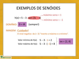 EXEMPLOS DE SENÓIDES
h(x) = 5  3  sen (3x  )
máximo seno = 1
mínimo seno = 1
5  3  1 = 2
5  3  (1) = 8
Im = [2, 8]
IMAGEM:
DOMÍNIO: D = IR (sempre!)
Valor mínimo de h(x):
Valor máximo de h(x):
Cuidado!
O sinal negativo do ( 3) “inverte o máximo e o mínimo”.
 