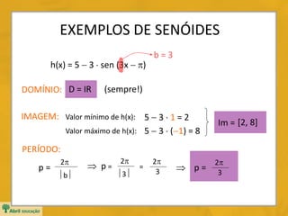 EXEMPLOS DE SENÓIDES
h(x) = 5  3  sen (3x  )
5  3  1 = 2
5  3  (1) = 8
IMAGEM:
DOMÍNIO: D = IR (sempre!)
Valor mínimo de h(x):
Valor máximo de h(x):
 p =
3
2
=
PERÍODO:
p =
b
2
 p =
b = 3
3
2
3
2
Im = [2, 8]
 