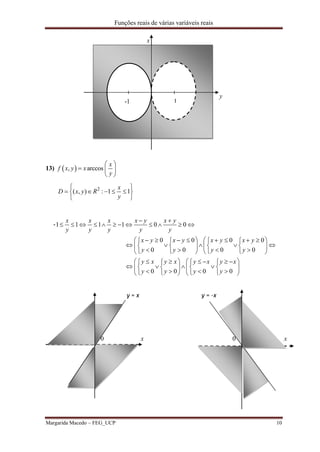 Funções reais de várias variáveis reais
Margarida Macedo – FEG_UCP 10
-
x
y
13)  , arccos
x
f x y x
y
 
  
 
2
( , ) : 1 1
x
D x y R
y
 
     
 
1 1 1 1 0 0
0 0 0 0
0 0 0 0
0 0
x x x x y x y
y y y y y
x y x y x y x y
y y y y
y x y x
y y
 
           
              
          
         
   
  
   0 0
y x y x
y y
       
    
    
y = x y = -x
0 x 0 x
-1 1
 