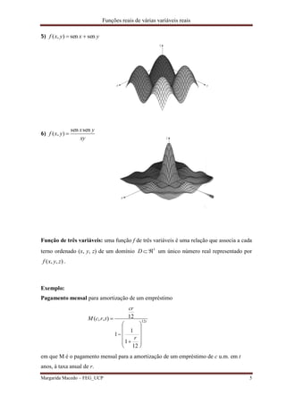 Funções reais de várias variáveis reais
Margarida Macedo – FEG_UCP 5
5) yxyxf sensen),( 
6)
xy
yx
yxf
sensen
),( 
Função de três variáveis: uma função f de três variáveis é uma relação que associa a cada
terno ordenado (x, y, z) de um domínio 3
D um único número real representado por
),,( zyxf .
Exemplo:
Pagamento mensal para amortização de um empréstimo
t
r
cr
trcM 12
12
1
1
1
12),,(















em que M é o pagamento mensal para a amortização de um empréstimo de c u.m. em t
anos, à taxa anual de r.
 