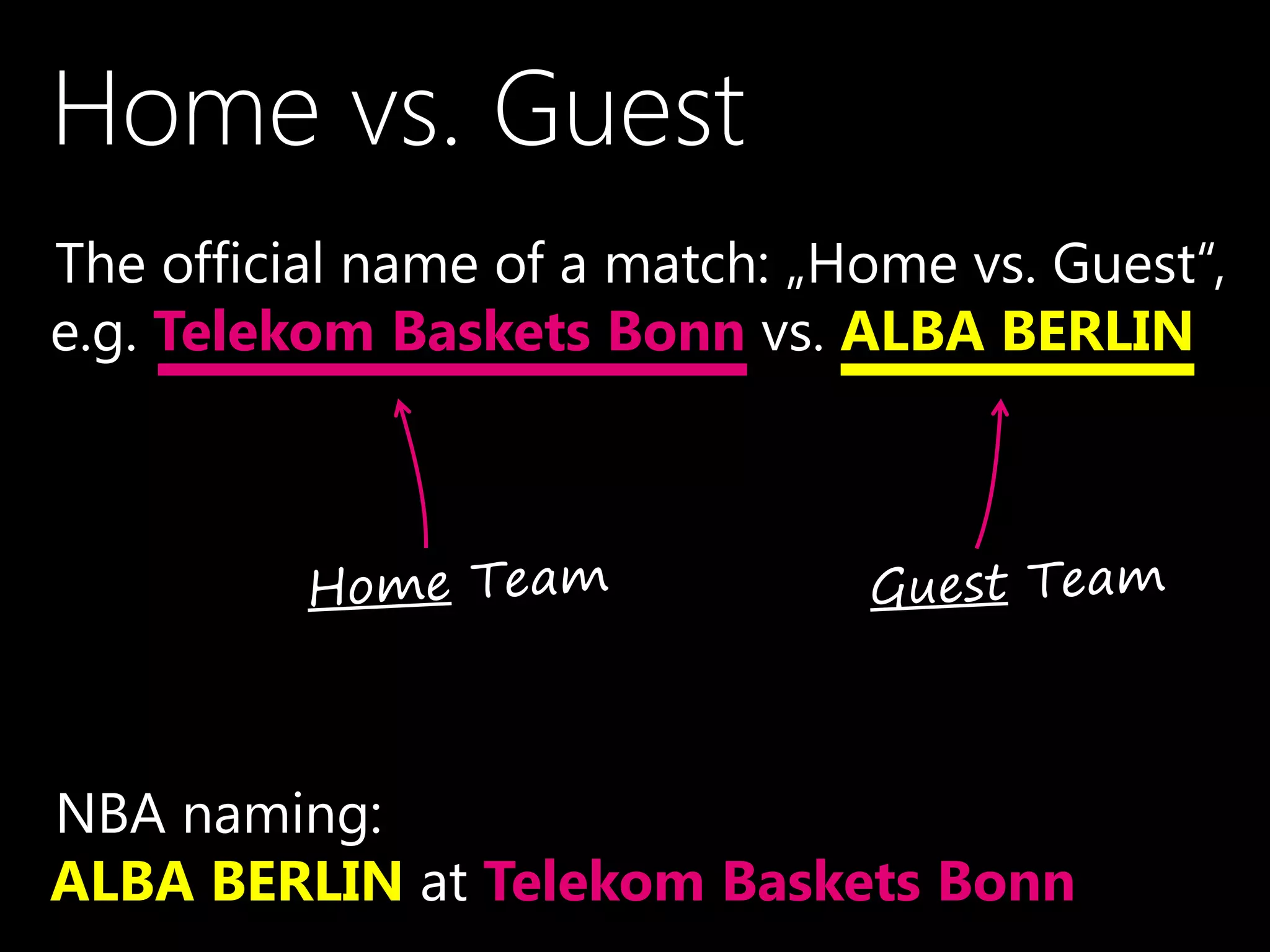 Home vs. Guest
•The official name of a match: „Home vs. Guest“,
e.g. Telekom Baskets Bonn vs. ALBA BERLIN
•NBA naming:
ALBA BERLIN at Telekom Baskets Bonn
 