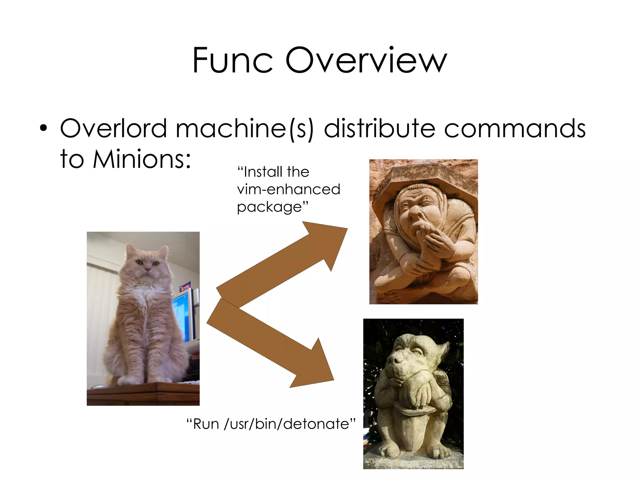 Func Overview
●
    Overlord machine(s) distribute commands
    to Minions: “Install the
                   vim-enhanced
                   package”




             “Run /usr/bin/detonate”
 