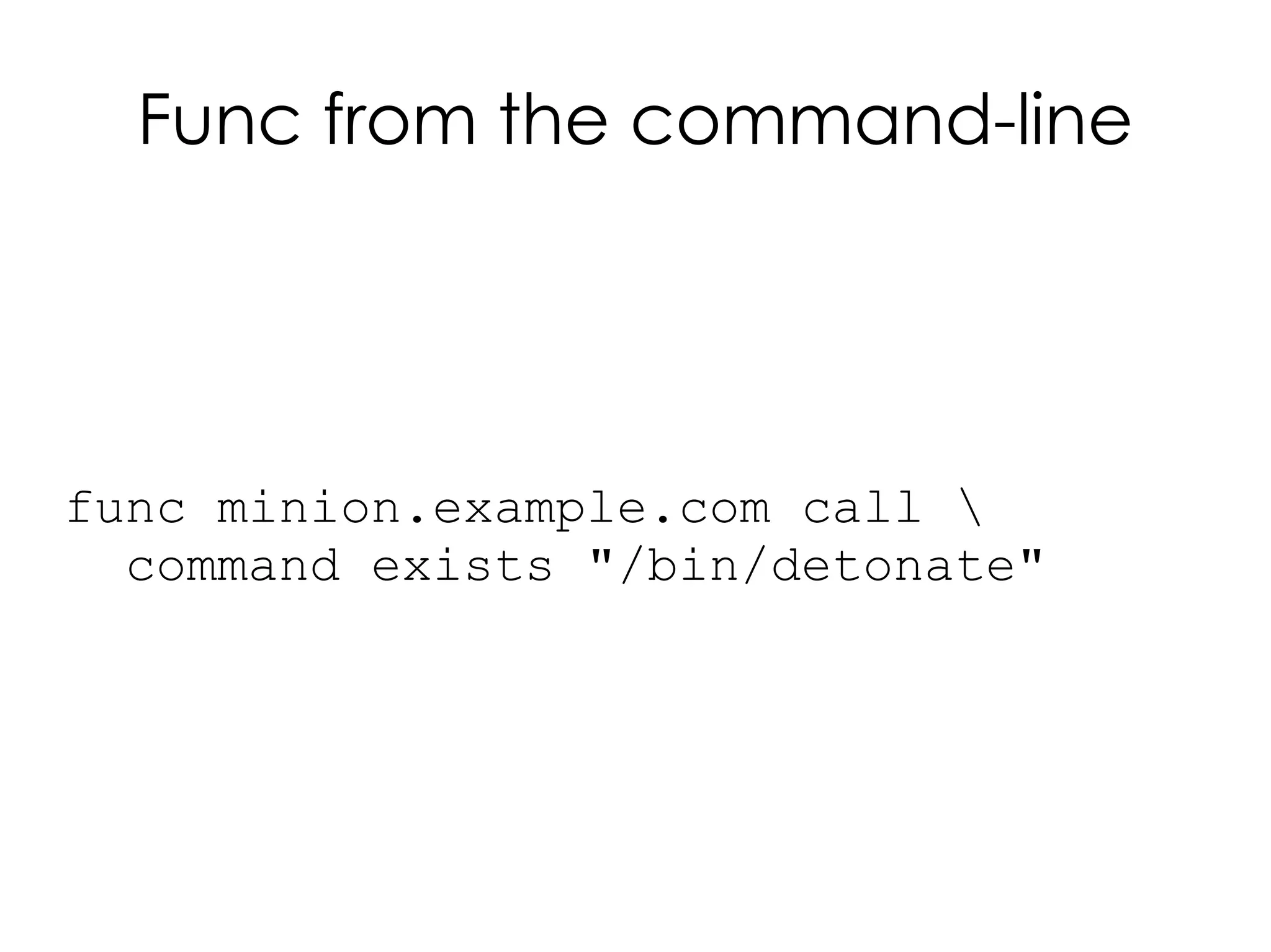 Func from the command-line




func minion.example.com call 
  command exists "/bin/detonate"
 