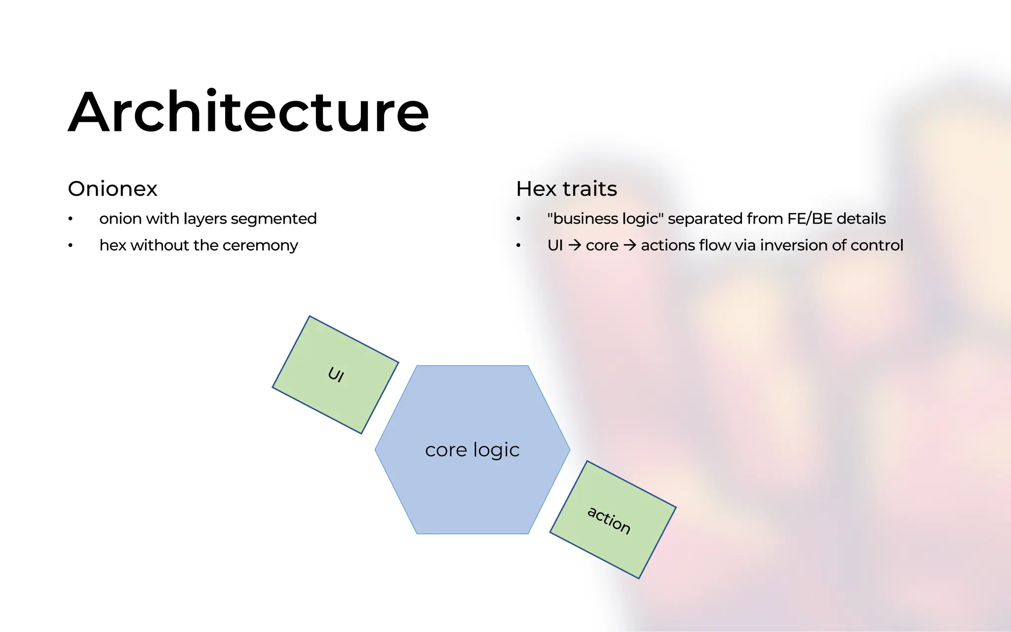 Architecture
Onionex
• onion with layers segmented
• hex without the ceremony
core logic
UI
action
Hex traits
• "business logic" separated from FE/BE details
• UI à core à actions flow via inversion of control
 