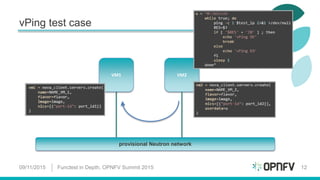 VM2
vPing test case
09/11/2015 Functest in Depth, OPNFV Summit 2015 12
VM1
provisional Neutron network
 
