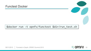 Functest Docker
09/11/2015 Functest in Depth, OPNFV Summit 2015 32
$docker run -t opnfv/functest $dir/run_test.sh
 