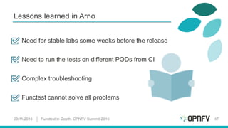 Lessons learned in Arno
09/11/2015 Functest in Depth, OPNFV Summit 2015 47
Need for stable labs some weeks before the release
Need to run the tests on different PODs from CI
Complex troubleshooting
Functest cannot solve all problems
 