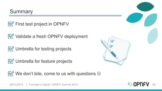 Summary
09/11/2015 Functest in Depth, OPNFV Summit 2015 49
First test project in OPNFV
Validate a fresh OPNFV deployment
Umbrella for testing projects
Umbrella for feature projects
We don’t bite, come to us with questions 
 
