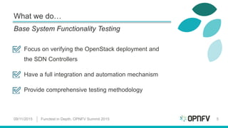 What we do…
Focus on verifying the OpenStack deployment and
the SDN Controllers
Have a full integration and automation mechanism
Provide comprehensive testing methodology
09/11/2015 Functest in Depth, OPNFV Summit 2015 5
Base System Functionality Testing
 