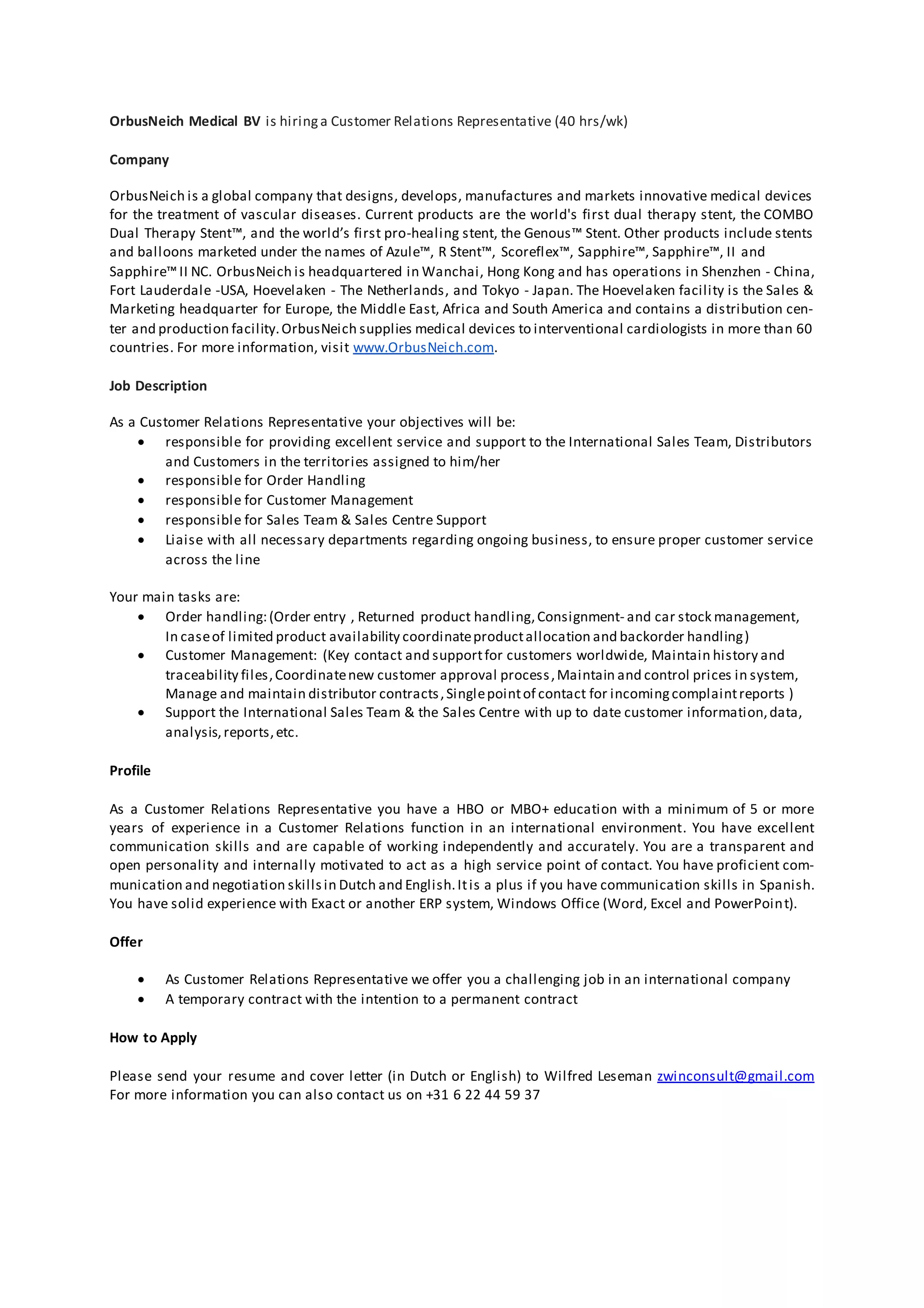 Customer Relations Representative | DOCX