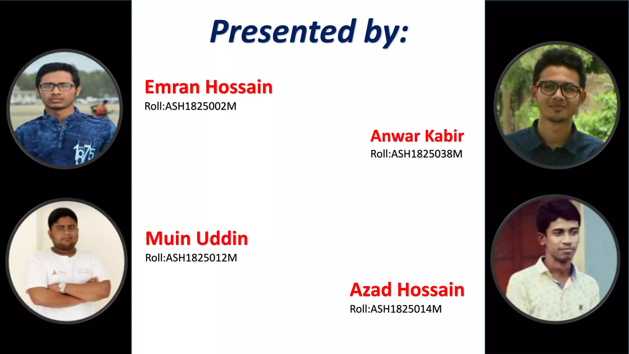 Emran Hossain
Roll:ASH1825002M
Muin Uddin
Roll:ASH1825012M
Presented by:
Anwar Kabir
Roll:ASH1825038M
Azad Hossain
Roll:ASH1825014M