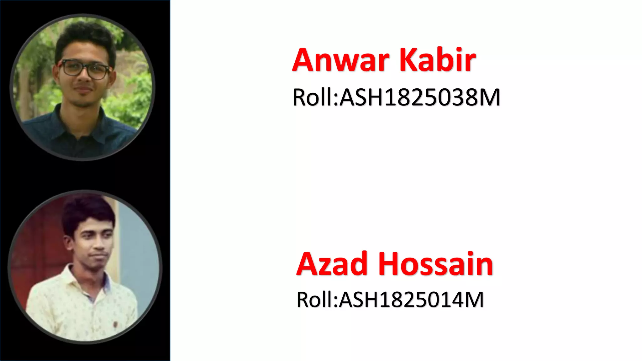 Anwar Kabir
Roll:ASH1825038M
Azad Hossain
Roll:ASH1825014M
