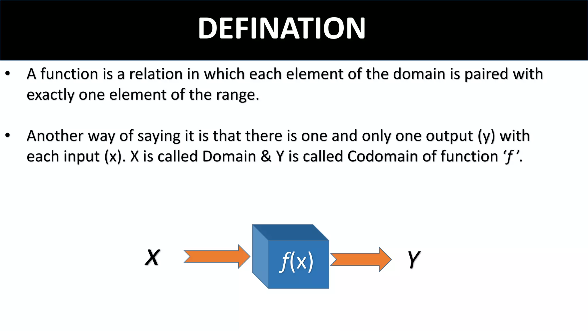 DEFINATION
f(x)x Y
• A function is a relation in which each element of the domain is paired with
exactly one element of the range.
• Another way of saying it is that there is one and only one output (y) with
each input (x). X is called Domain & Y is called Codomain of function ‘f ’.