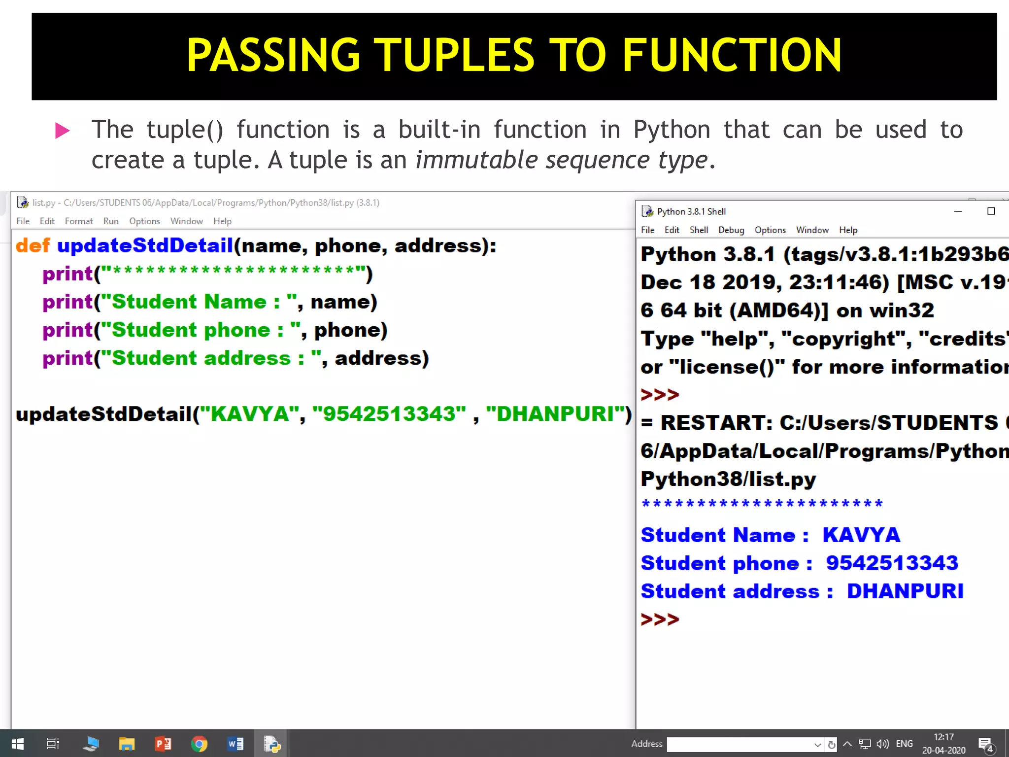  The tuple() function is a built-in function in Python that can be used to create a tuple. A tuple is an immutable sequence type. PASSING TUPLES TO FUNCTION 