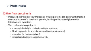  Overflow proteinuria
• Increased excretion of low molecular weight proteins can occur with marked
overproduction of a particular protein, leading to increased glomerular
filtration and excretion.
• This is almost always due to
• immunoglobulin light chains in multiple myeloma,
• 2 microglobulin (in acute lymphoproliferative syndrome),
• myoglobin (in rhabdomyolysis),
• hemoglobin (in intravascular hemolysis)
 Proteinuria
 