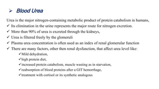 Urea is the major nitrogen-containing metabolic product of protein catabolism in humans,
 Its elimination in the urine represents the major route for nitrogen excretion.
 More than 90% of urea is excreted through the kidneys,
 Urea is filtered freely by the glomeruli
 Plasma urea concentration is often used as an index of renal glomerular function
 There are many factors, other then renal dysfunction, that affect urea level like:
Mild dehydration,
high protein diet,
increased protein catabolism, muscle wasting as in starvation,
reabsorption of blood proteins after a GIT hemorrhage,
treatment with cortisol or its synthetic analogous
 Blood Urea
 