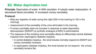 B2. Water deprivation test
Principle: Deprivation of water  ADH secretion  tubular water reabsorption 
decreased blood osmolality  increased urinary osmolality.
Protocol:
• Stop any ingestion of water during the night (20h in the evening to 10h in the
morning)
• measurement of the osmolality of the urine eliminated in the morning.
• If urinary osmolality does not increase in response to water deprivation,
desmopressin (DDAVP) (a synthetic analogue of ADH) is administered.
• The response of the resulting urine osmolality allows to differentiate central diabetes
insipidus from nephrogenic diabetes insipidus.
• In central diabetes insipidus , the renal tubules normally respond to DDAVP and
urinary osmolality increases.
• In nephrogenic diabetes insipidus, the renal tubules do not respond: the urinary
osmolality remains flat.
 
