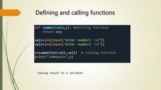 Defining and calling functions
Saving result in z variable
 