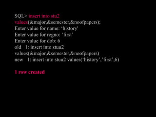 SQL> insert into stu2
values(&major,&semester,&noofpapers);
Enter value for name: ‘history'
Enter value for regno: ‘first’
Enter value for dob: 6
old 1: insert into stuu2
values(&major,&semester,&noofpapers)
new 1: insert into stuu2 values(‘history’,’first’,6)
1 row created
 