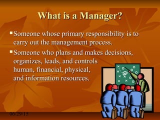 06/29/15 3
What is a Manager?What is a Manager?
 Someone whose primary responsibility is toSomeone whose primary responsibility is to
carry out the management process.carry out the management process.
 Someone who plans and makes decisions,Someone who plans and makes decisions,
organizes, leads, and controlsorganizes, leads, and controls
human, financial, physical,human, financial, physical,
and information resources.and information resources.
 