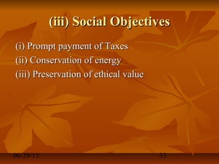 06/29/15 33
(iii) Social Objectives(iii) Social Objectives
(i) Prompt payment of Taxes(i) Prompt payment of Taxes
(ii) Conservation of energy(ii) Conservation of energy
(iii) Preservation of ethical value(iii) Preservation of ethical value
 