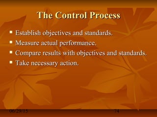 06/29/15 74
The Control ProcessThe Control Process
 Establish objectives and standards.Establish objectives and standards.
 Measure actual performance.Measure actual performance.
 Compare results with objectives and standards.Compare results with objectives and standards.
 Take necessary action.Take necessary action.
 