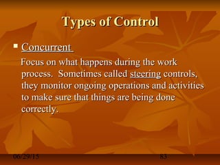 06/29/15 83
Types of ControlTypes of Control
 ConcurrentConcurrent
Focus on what happens during the workFocus on what happens during the work
process. Sometimes calledprocess. Sometimes called steeringsteering controls,controls,
they monitor ongoing operations and activitiesthey monitor ongoing operations and activities
to make sure that things are being doneto make sure that things are being done
correctly.correctly.
 