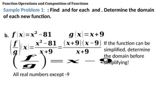 Function Operations and Composition of Functions
Sample Problem 1: : Find and for each and . Determine the domain
of each new function.
b. 𝒇 (𝒙)=𝒙𝟐
−𝟖𝟏 𝒈 ( 𝒙)=𝒙+𝟗
(𝒇
𝒈 )(𝒙 )=
𝒙𝟐
−𝟖𝟏
𝒙 +𝟗
=
(𝒙+𝟗)(𝒙 −𝟗)
𝒙+𝟗
All real numbers except -9
( 𝒇
𝒈 )= 𝒙 − 𝟗
If the function can be
simplified, determine
the domain before
simplifying!
 