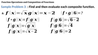Function Operations and Composition of Functions
Sample Problem 3: : Find and then evaluate each composite function.
a. 𝒇 ( 𝒙)=√ 𝒙 𝒈 ( 𝒙)=𝒙 −𝟐 ( 𝒇 ∘𝒈)(𝟔)=?
( 𝒇 ∘𝒈)(𝒙)=𝒇 (𝒈(𝒙 ))
𝒇 (𝒈 (𝒙))=√𝒈 (𝒙)
𝒇 (𝒈 (𝒙))=√𝒙−𝟐
𝒇 (𝒈 (𝟔))=√𝟔−𝟐
𝒇 (𝒈 (𝟔))=√𝟒
𝒇 (𝒈 (𝟔))=𝟐
 
