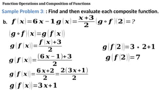 Function Operations and Composition of Functions
Sample Problem 3: : Find and then evaluate each composite function.
b. 𝒇 ( 𝒙)=𝟔 𝒙 −𝟏𝒈 ( 𝒙)=
𝒙 +𝟑
𝟐
(𝒈∘ 𝒇 )(𝟐)=?
(𝒈 ∘ 𝒇 )(𝒙)=𝒈 ( 𝒇 (𝒙 ))
𝒈 ( 𝒇 ( 𝒙))=
𝒇 ( 𝒙 )+𝟑
𝟐
𝒈 ( 𝒇 ( 𝒙))=
(𝟔 𝒙 − 𝟏)+𝟑
𝟐
𝒈 ( 𝒇 ( 𝒙))=
𝟔 𝒙+𝟐
𝟐
=
𝟐(𝟑𝒙 +𝟏)
𝟐
𝒈 ( 𝒇 (𝒙))=𝟑 𝒙+𝟏
𝒈 ( 𝒇 (𝟐))=𝟑∗𝟐+𝟏
𝒈 ( 𝒇 (𝟐))=𝟕
 