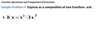 Function Operations and Composition of Functions
Sample Problem 4: Express as a composition of two functions and .
a. 𝒉(𝒙)=(𝒙𝟑
−𝟑 𝒙)𝟐
 
