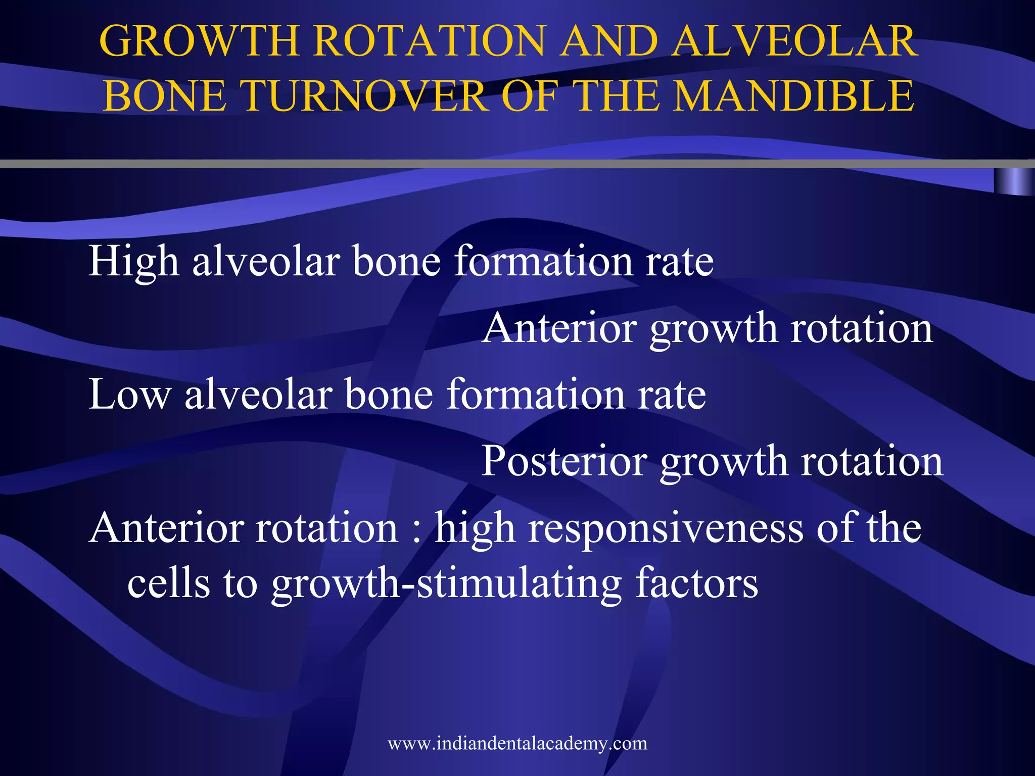 GROWTH ROTATION AND ALVEOLAR
BONE TURNOVER OF THE MANDIBLE
High alveolar bone formation rate
Anterior growth rotation
Low alveolar bone formation rate
Posterior growth rotation
Anterior rotation : high responsiveness of the
cells to growth-stimulating factors

www.indiandentalacademy.com

 